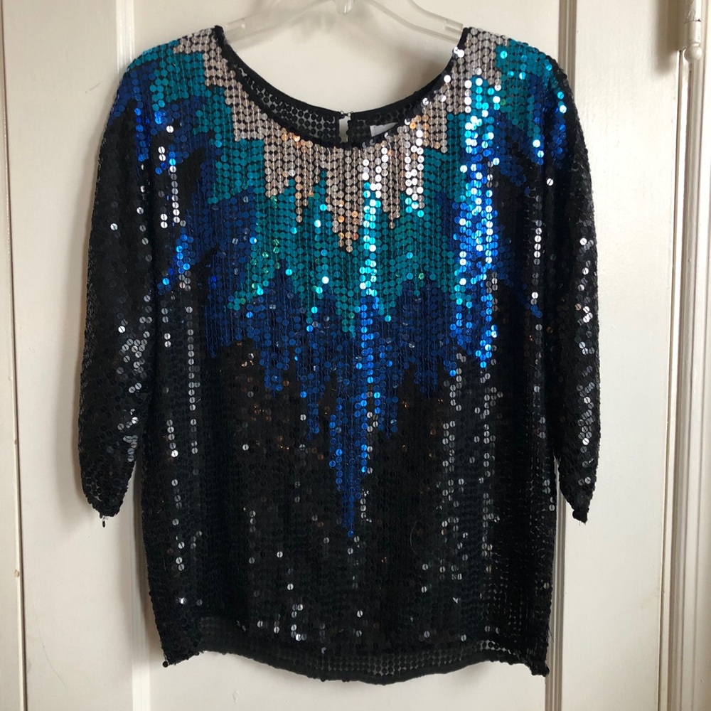 Vintage Sequined Zig Zag 3/4 Sleeve Silk Top